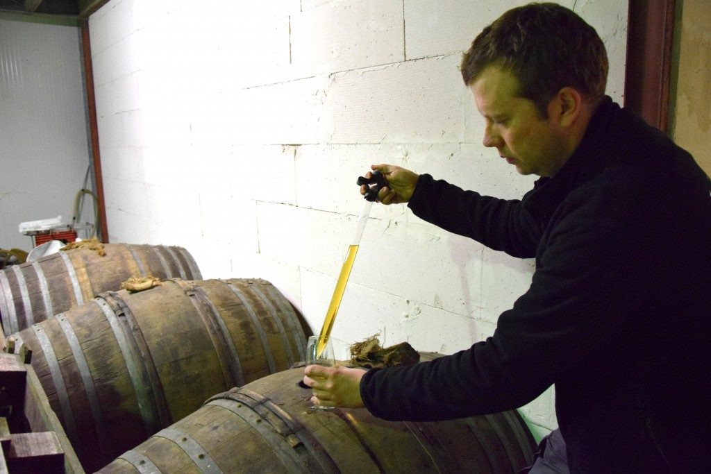 Homme prélevant du cidre doré d'un fût en bois avec une pipette de chai