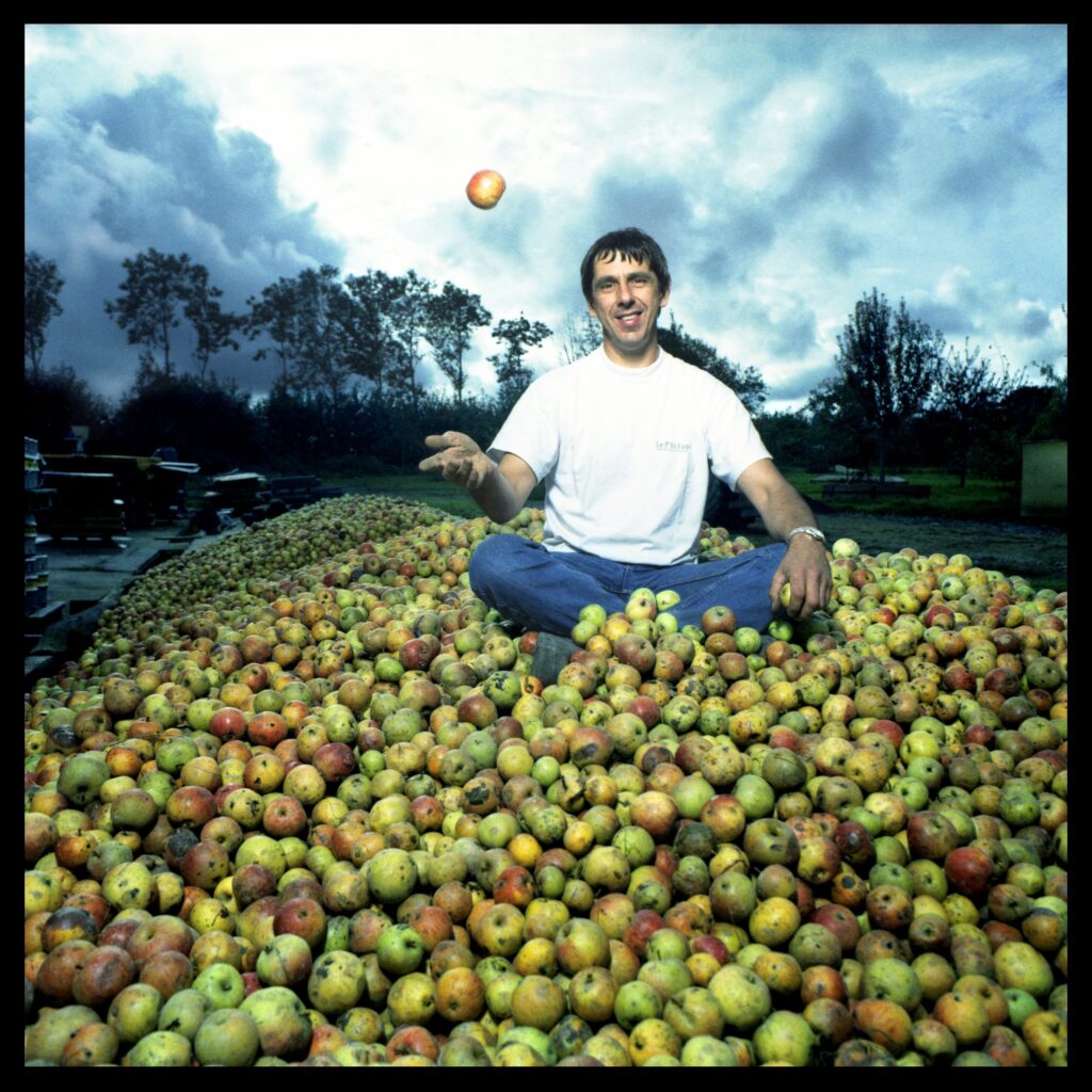 Homme souriant assis sur un tas de pommes à cidre lançant une pomme en l'air